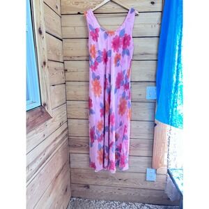 Vintage Pink Floral Reversible Maxi Dress Sleeveless Chiffon Sheer Overlay Boho